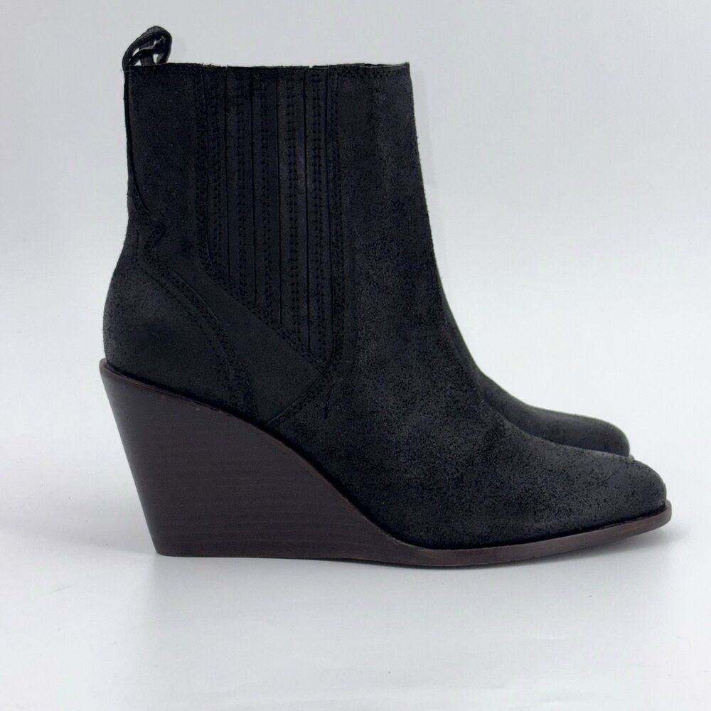 Lucky Brand Wilano Wedge Booties Boots Womens Size 9.5 Distressed Black Leather